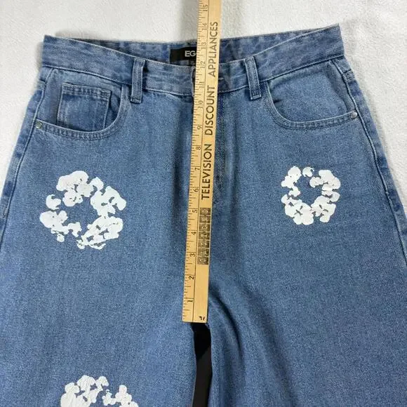 EGO Womens 6 High Rise Wide Leg Painted Floral Medium Wash Denim Jeans Y2K Style - Picture 7 of 8